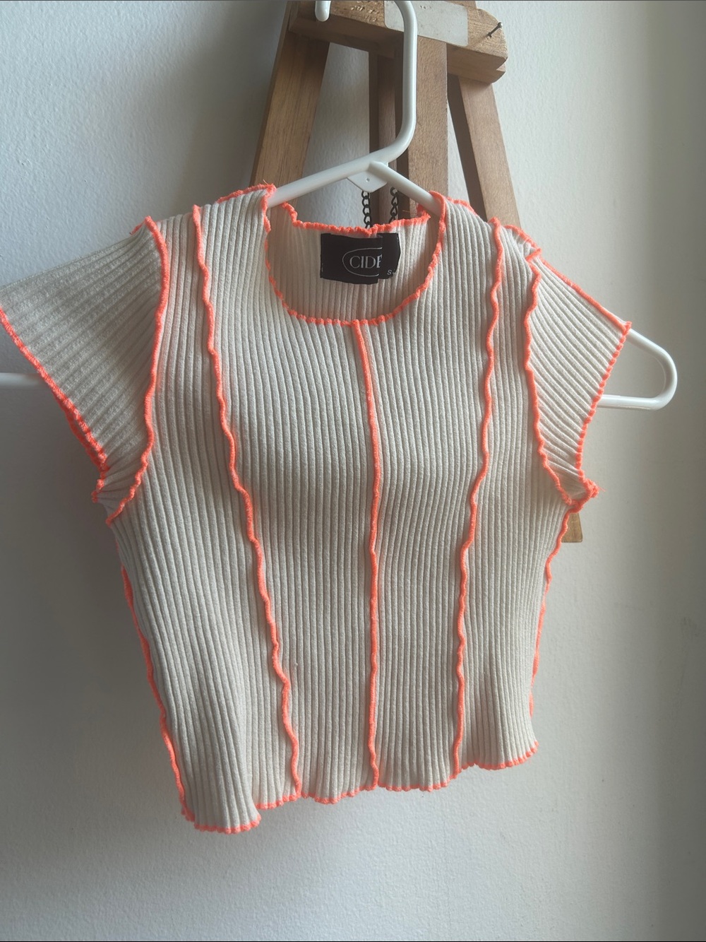 Cider Cream Ribbed Crop Top with Neon Orange Trim - Picture 4 of 7